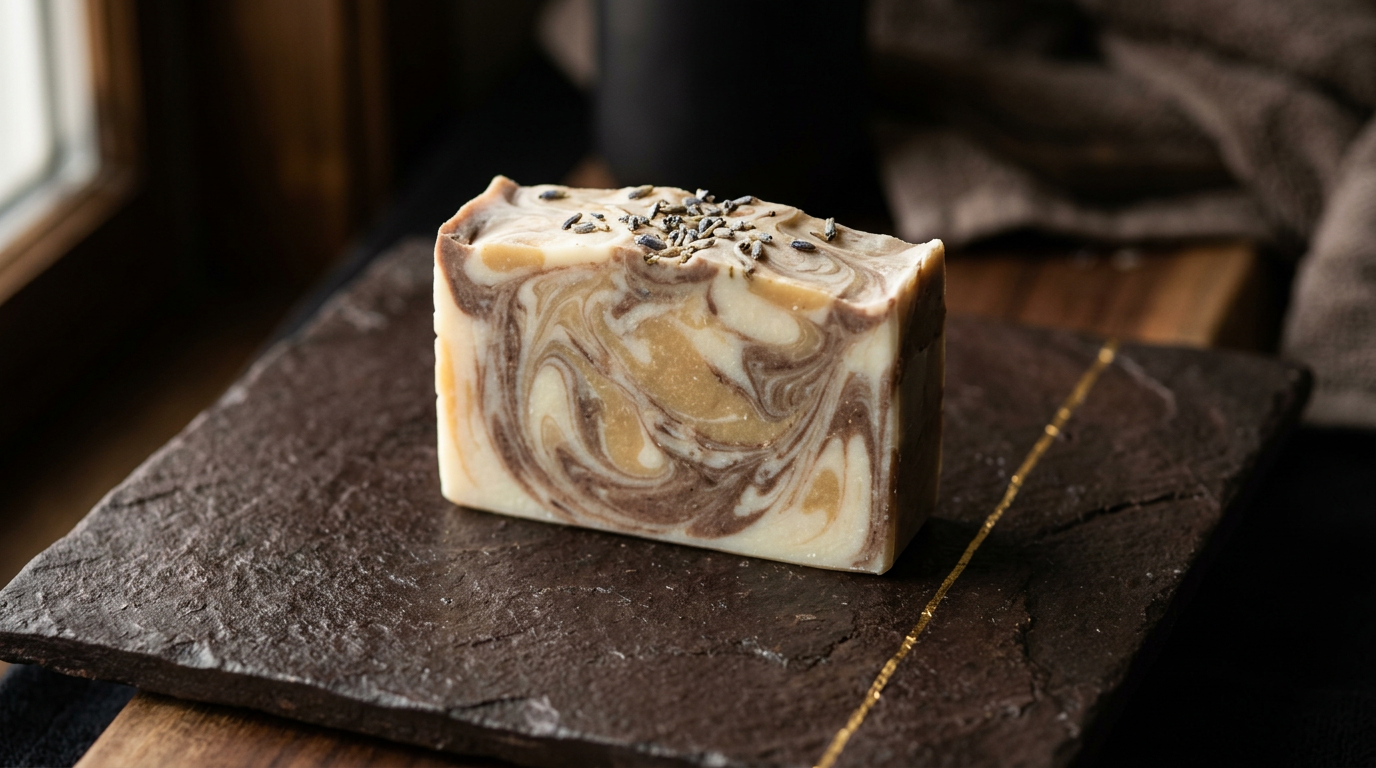 Pastilla de jabón artesanal WOSHO, textura en tonos crema y lavanda